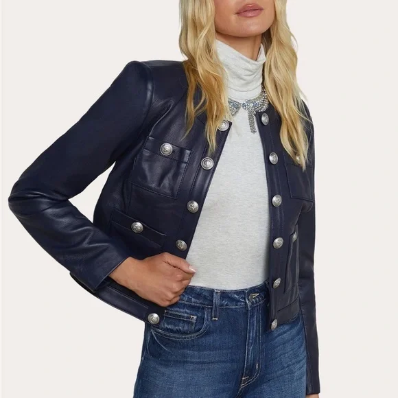 L’AGENCE Jayde Collarless Leather Jacket Midnight Sz 4 - Picture 2 of 13
